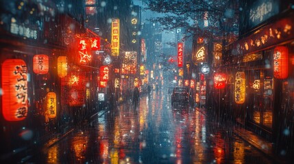 Fototapeta premium City street at night with bright neon signs and reflections on wet pavement.