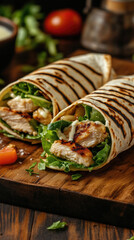 A grilled chicken Caesar wrap sliced in half and arranged beautifully on a plate for serving