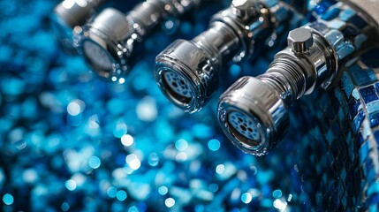 Close-up of chrome water jets with water droplets on a blue mosaic background.