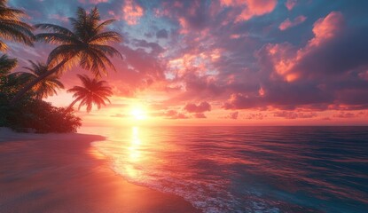 Silhouette of Palm Trees at Sunset on a Tropical Beach with Orange and Pink Sky Reflection in the Ocean Water