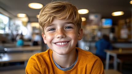 Smiling boy in bright orange shirt sitting indoors