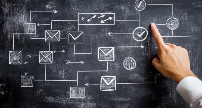 Email workflow diagram on a chalkboard.  A hand points to a confirmation checkmark within a complex email routing process