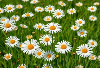 Fototapeta premium Seamless daisy pattern on green field; cute floral, modern botanical background, style, motif
