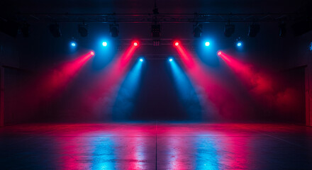 Empty stage background with red and blue lights for concert, presentation, theater