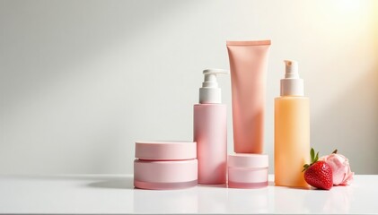 Luxurious skincare products on white backdrop, luxury, simple, advertising