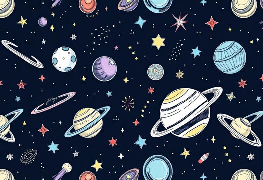Seamless space doodle pattern; hand-drawn pencil sketch style, featuring planets, stars, comets, and galaxies , rocket, nebula