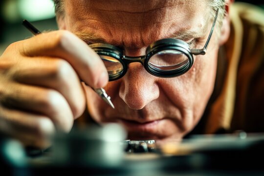 Close-up of focused craftsman inspecting watch parts with magnifier tool