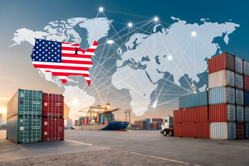 A map of the world with the United States and a large container ship in the middle. The container ship is surrounded by several other containers