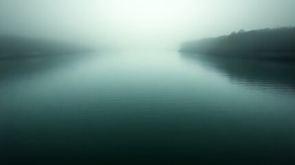 Fototapeta premium Serene Foggy Lake Landscape With Distant Trees