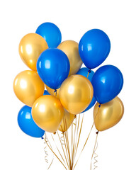 A bunch of balloons in blue and gold. The balloons are tied together and are in a bunch