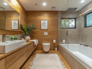 Modern bathroom interior featuring wood paneling white fixtures and natural light.