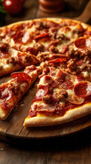 A hearty meat lovers pizza cut into pieces and served on a plate, ready to be enjoyed