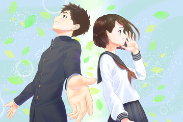 ポジティブ学生_新緑_A案_キャラ男女_新緑EFF控えめ_葉っぱメイン