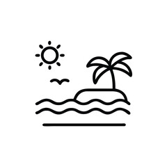 Tropical Island Paradise With Palm Tree Sun And Ocean Waves Line Art