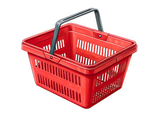 Fototapeta premium A red shopping cart with a black handle. The basket is empty. The cart is sitting on a white background