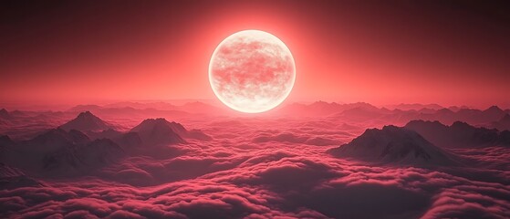 Crimson Moon Above Misty Peaks