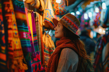 A traveler exploring a vibrant city market with colorful stalls