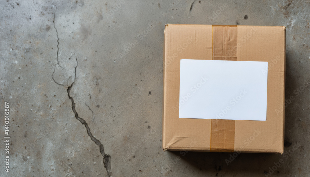 Poster everyday objects - for downstream advertisement and design: a cardboard box sits on a cracked concre