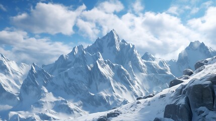 Obraz premium A view of a towering mountain with sharp, rugged peaks covered in fresh snow. 
