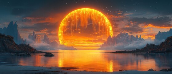 Large orange sun or moon over water reflecting in a serene landscape.