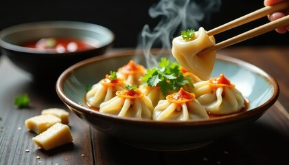 Steaming dumplings, chopsticks, ginger, soy sauce, culinary, delicious, white background
