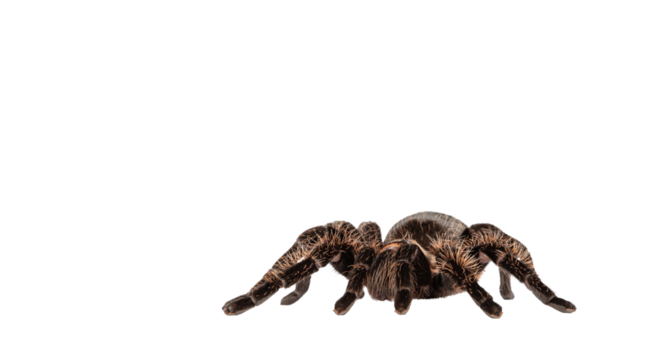 Side view of female adult Curly Hair Tarantula aka Tliltocatl albopilosus, standing. Isolated cutout on a transparent background.