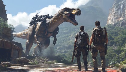 Dinosaur Threatens Explorers in Jungle Ruins