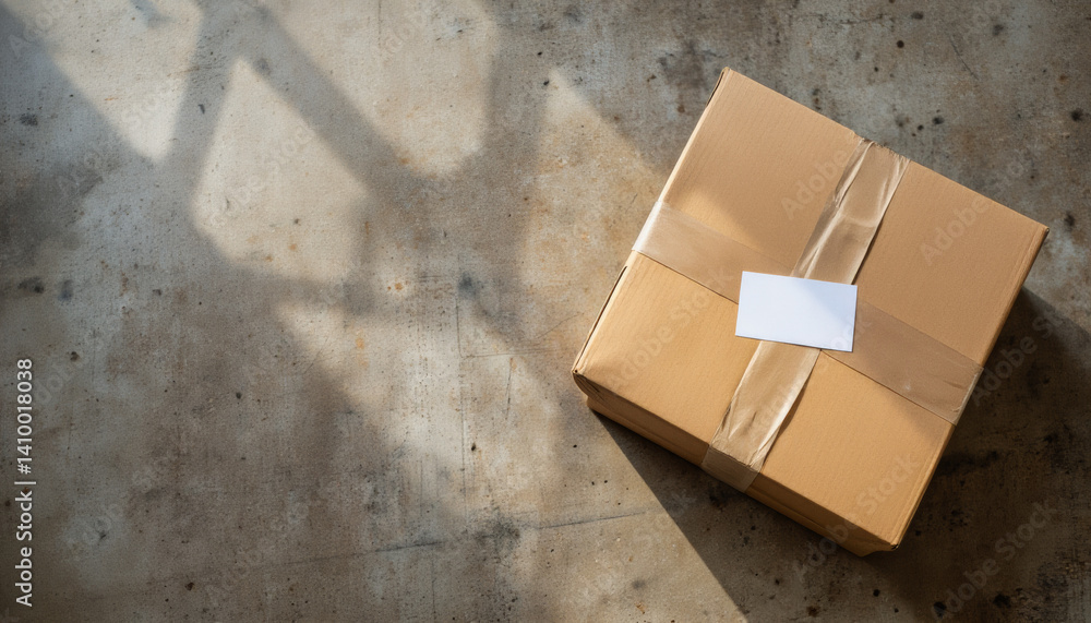 Poster everyday objects - for downstream advertisement and design: a cardboard box sits on a concrete floor