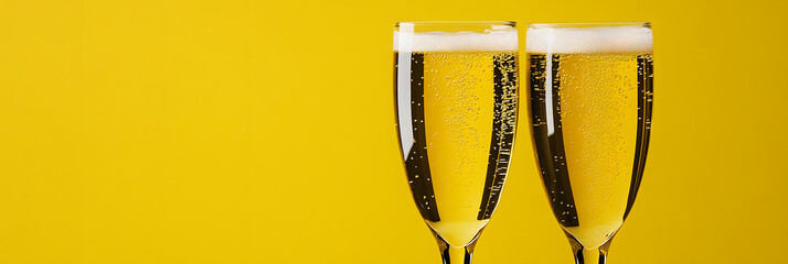 champagne glasses lined up for the wedding toast - representing the celebration of love and unity wide banner - yellow background
