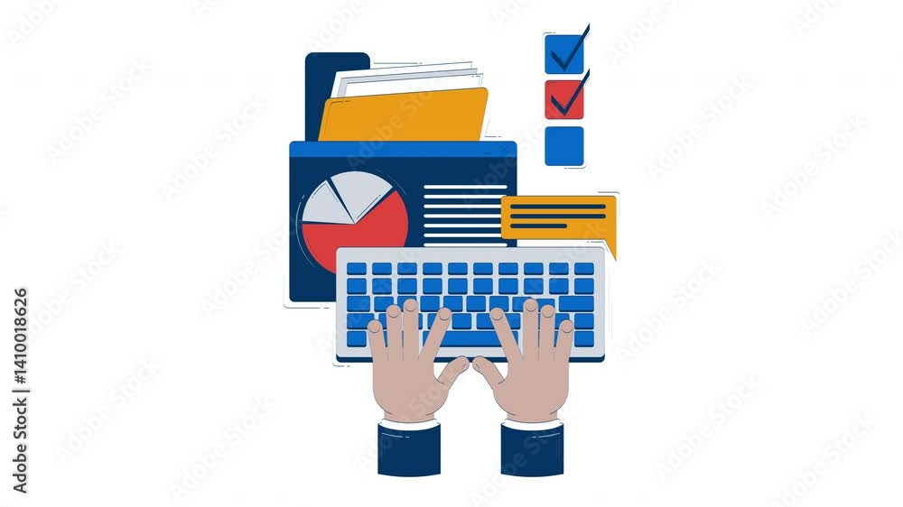 Poster business task management doodle animation. project manager hands typing on keyboard, charts check bo