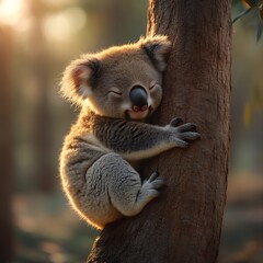 Fototapeta premium Sleepy koala clinging to tree trunk