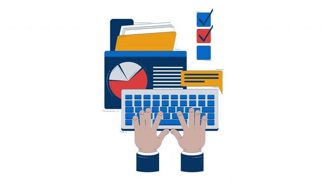 Business task management doodle animation. Project manager hands typing on keyboard, charts check boxes productivity animated 2D flat cartoon concept, white background. 4K video motion graphic