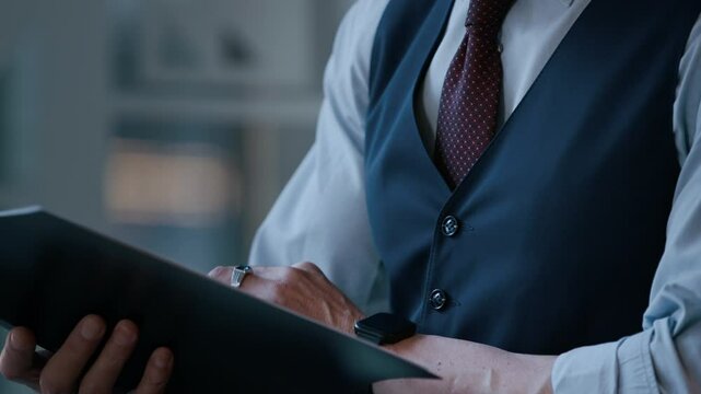 Tilt down shot of Caucasian male CEO proofreading documents in clipboard while working at office