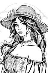 Bella donna vesta in Boho Style, pagina da colorare, bianco e nero