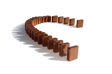 Curved row of polished wooden dominoes, almost forming a circle, casts a shadow on a white background