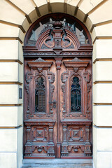 ld ornamental entrance door to a house in the Old Town in Przemysl, Poland