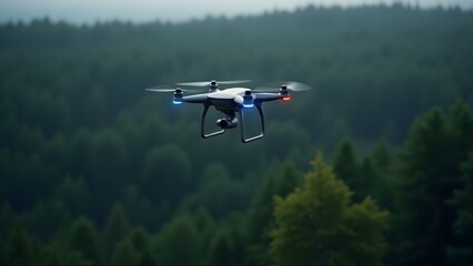 Fototapeta premium drone equipped with AI technology flying over a dense forest, scanning for signs of illegal logging or fires