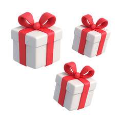 Obraz premium 3d three white gift boxes with red ribbons floating on transparent background.