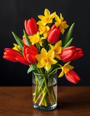 Fototapeta premium Vibrant red tulips & sunny yellow daffodils in a clear glass vase, springtime, macro
