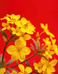 Obraz premium Vibrant yellow flower blossoms sharply contrast a rich crimson backdrop, deep red, petals