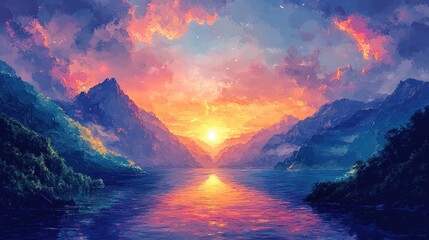 Naklejka premium Sunset reflection over serene lake majestic mountains digital art peaceful environment wide angle view nature's beauty