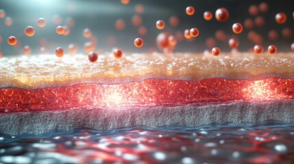 A cross-section illustration of skin layers with particles in transit.