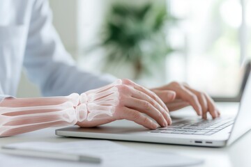 A person working at a computer suffers from wrist pain caused by repetitive typing. The scene illustrates strain, poor ergonomics, and potential early signs of carpal tunnel syndrome