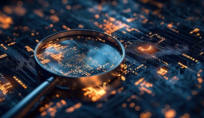 Magnifying glass over illuminated circuit board, depicting data analysis