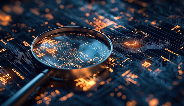 Magnifying glass over illuminated circuit board, depicting data analysis