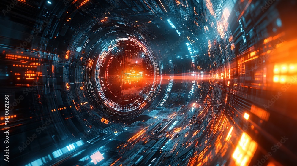 Poster exploring a dynamic data tunnel virtual environment digital art futuristic perspective technology co