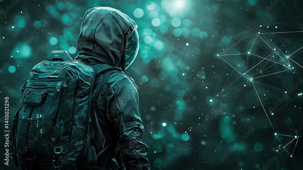 Poster astronaut figure in futuristic space setting digital art sci-fi theme dark environment rear view con