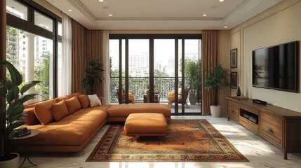 Naklejka premium Interior view of a living room with a sofa television and balcony.