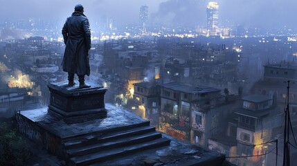 Gloomy, war-torn cityscape view from a monument.
