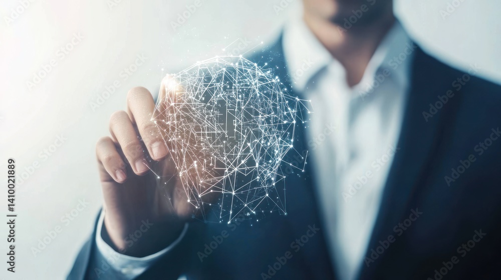 Poster a businessman interacts with a digital network interface, illustrating connectivity and innovation i